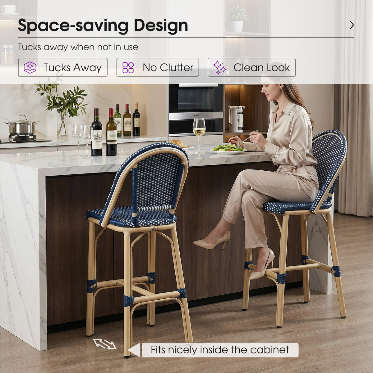 PURPLE LEAF Patio French Counter Stool Set of 2 Outdoor Backrest Barstools Aluminum Frame Woven Rattan for Indoor Kitchen Garden Balcony Restaurant