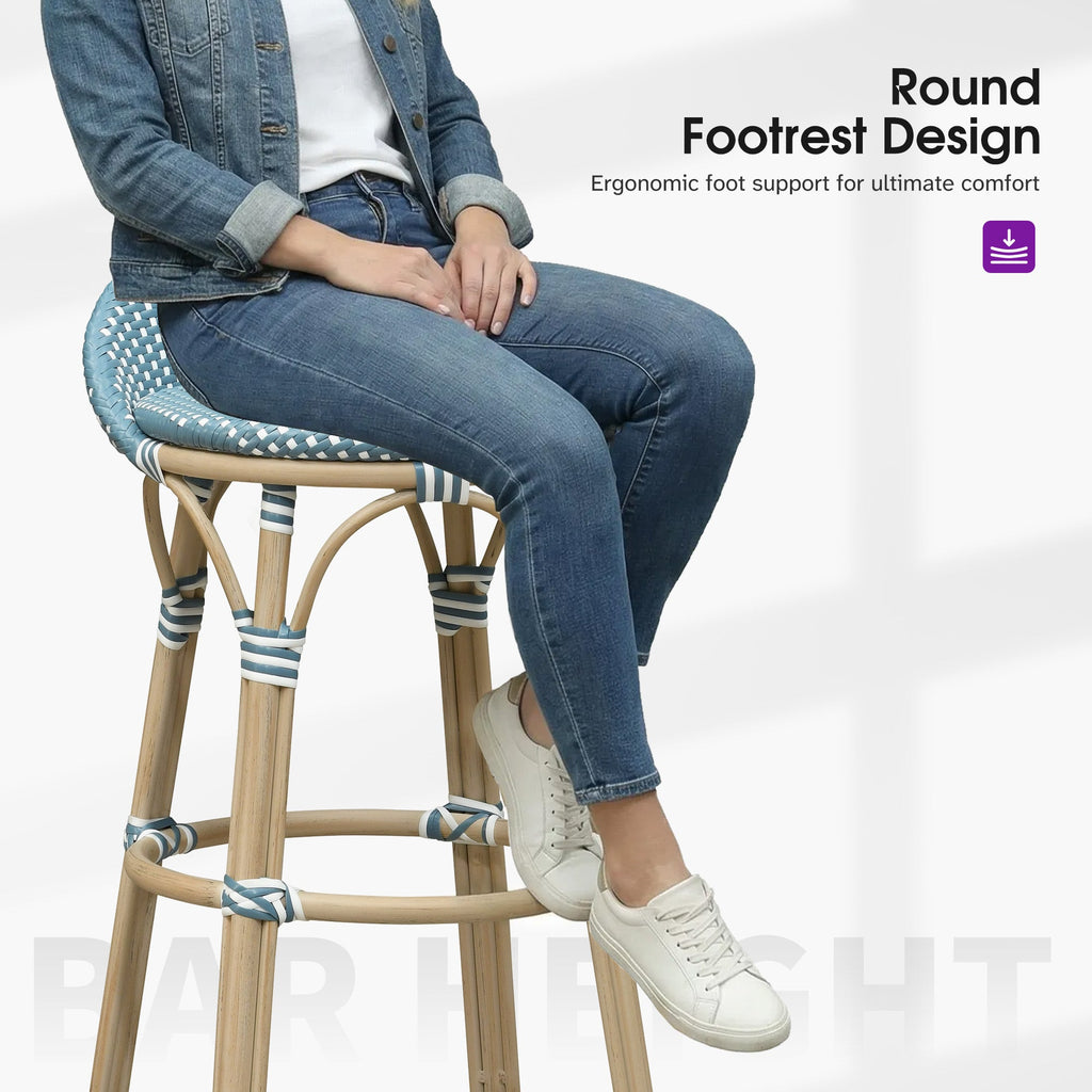PURPLE LEAF Patio Oversized Backrest Bar Height Stool Set of 2 Outdoor Round Barstools Aluminum Frame Woven Rattan for Indoor Kitchen Dining Bistros Cafe Restaurant