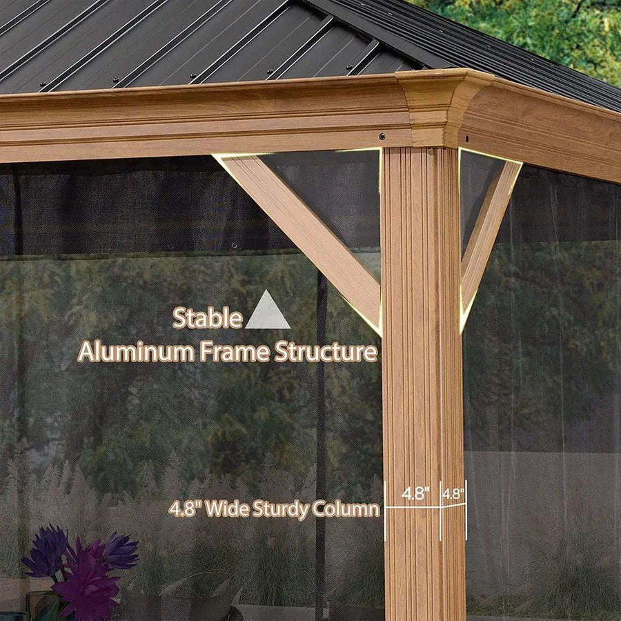 PURPLE LEAF – Pavillon à toit rigide pour terrasse, structure en aluminium effet bois avec guirlande lumineuse – clear