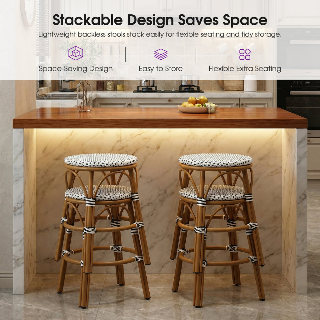 PURPLE LEAF Patio French Round Counter Stool Set of 2 Rattan Backless Stackable Barstools Aluminum Frame Footrest with Woven Wicker for Outdoor Kitchen Yard