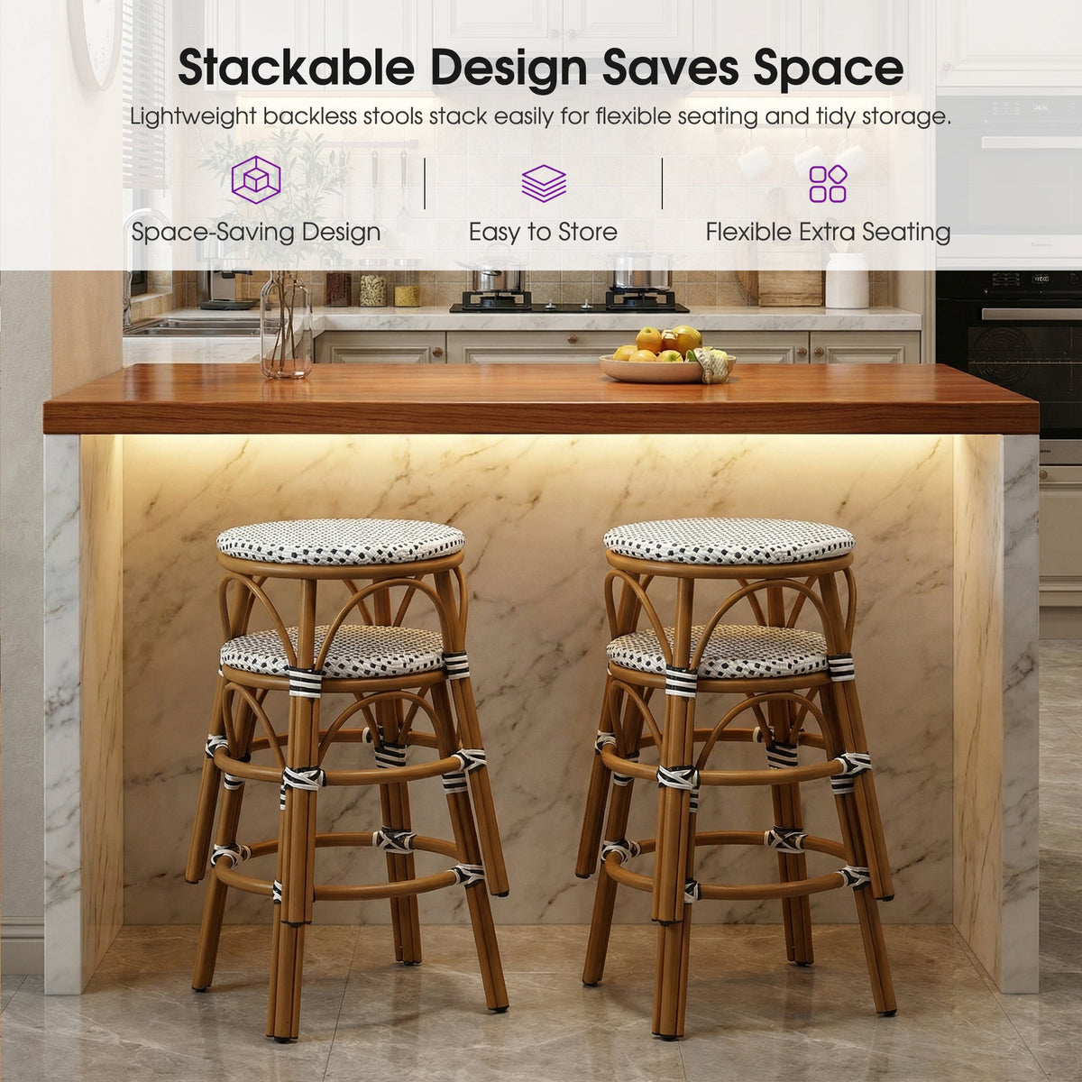 PURPLE LEAF Patio French Round Counter Stool Set of 2 Rattan Backless Stackable Barstools Aluminum Frame Footrest with Woven Wicker for Outdoor Kitchen Yard