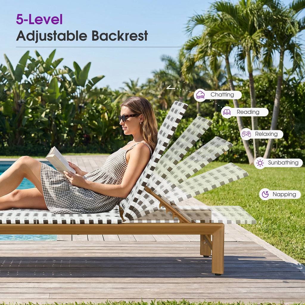 PURPLE LEAF Outdoor Teak Chaise Lounge Chair, Wood Grain Aluminum Outdoor Pool Lounge Chairs with Adjustable Backrest, Breathable Recliner for Patio, Poolside, Garden
