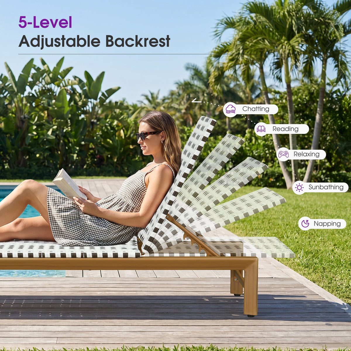 PURPLE LEAF Outdoor Teak Chaise Lounge Chair, Wood Grain Aluminum Outdoor Pool Lounge Chairs with Adjustable Backrest, Breathable Recliner for Patio, Poolside, Garden