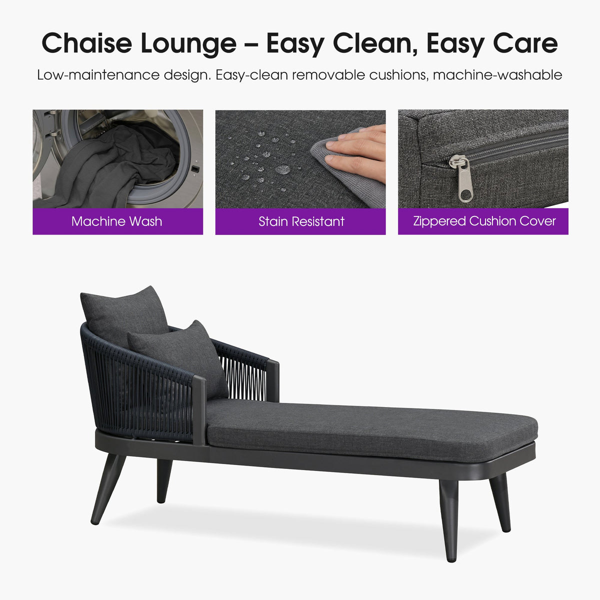 PURPLE LEAF Patio Chaise Lounge Elegant Aluminum Outdoor Lounge Chair with Pillow & Lumbar Support PE Rattan Backrest All Weather for Lawn Beach Backyard