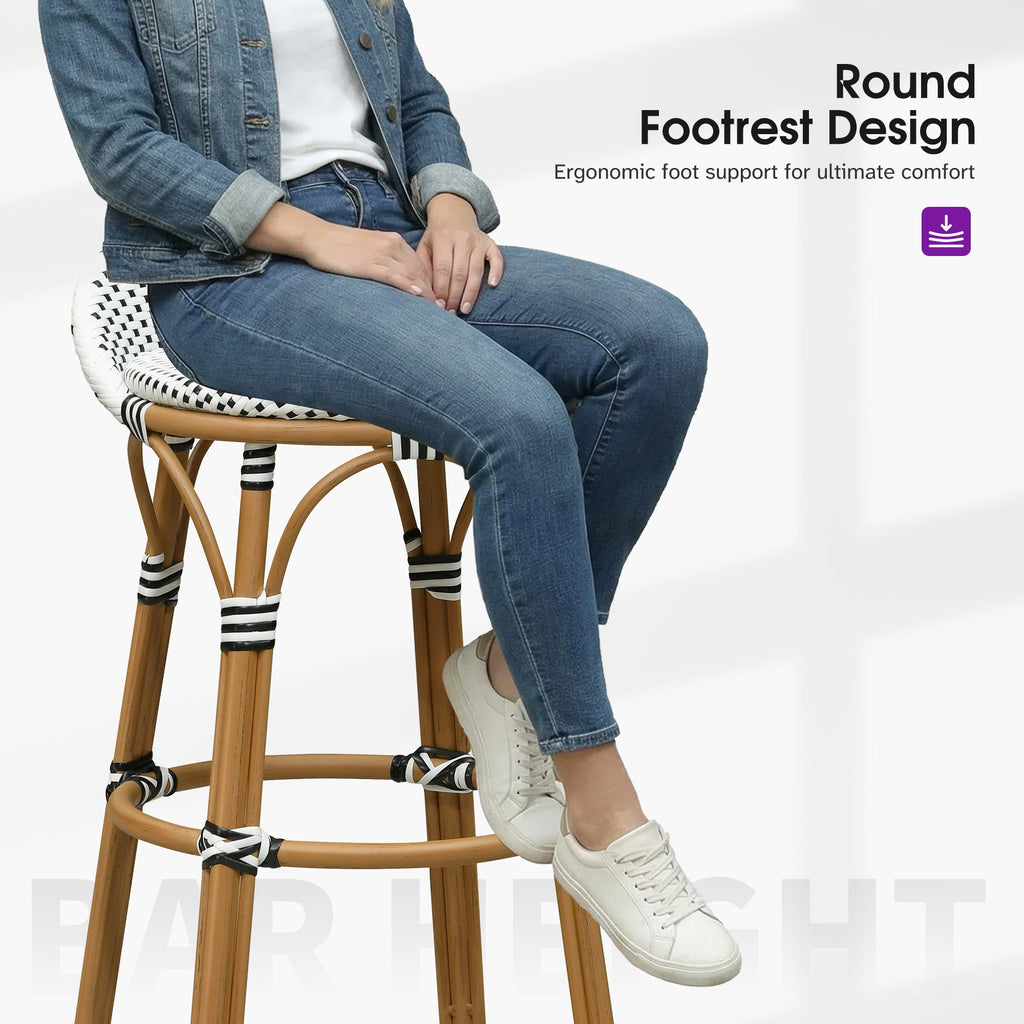 PURPLE LEAF Patio Oversized Backrest Bar Height Stool Set of 2 Outdoor Round Barstools Aluminum Frame Woven Rattan for Indoor Kitchen Dining Bistros Cafe Restaurant