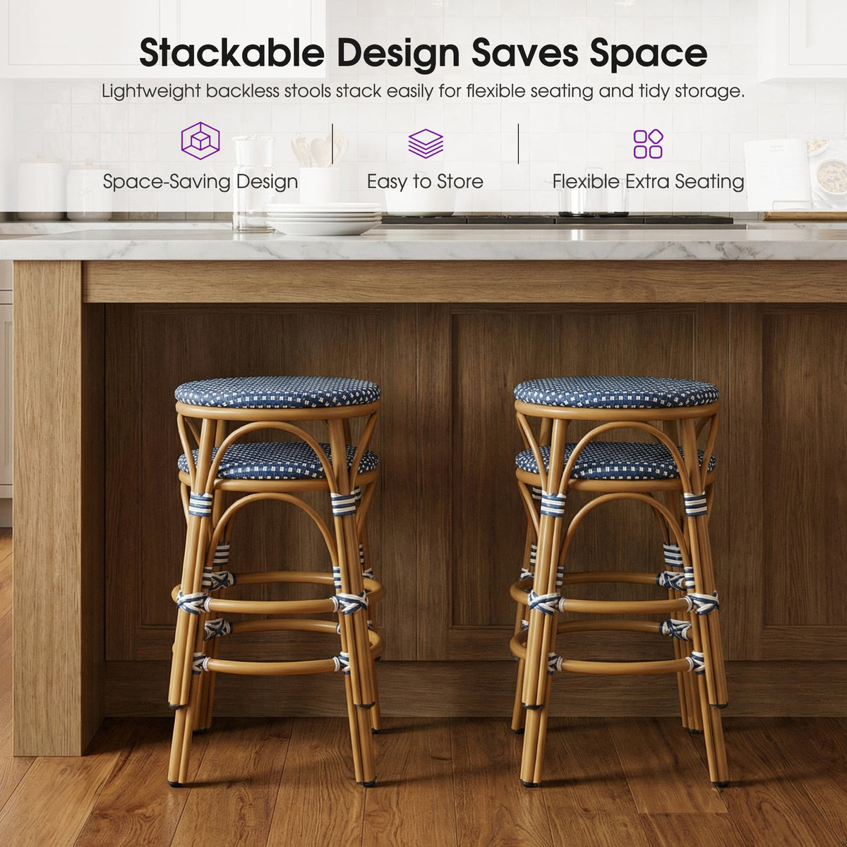PURPLE LEAF Patio French Round Counter Stool Set of 2 Rattan Backless Stackable Barstools Aluminum Frame Footrest with Woven Wicker for Outdoor Kitchen Yard