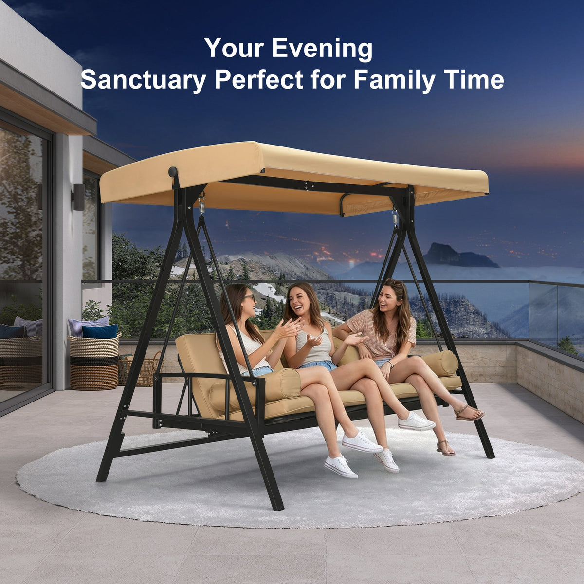 PURPLE LEAF Porch Swing with Adjustable Tilt Canopy Patio Swing with Stand and Meatl Steel Frame All-Weather Outdoor Swing Chair Seat Space-Saving for Backyard Garden Deck