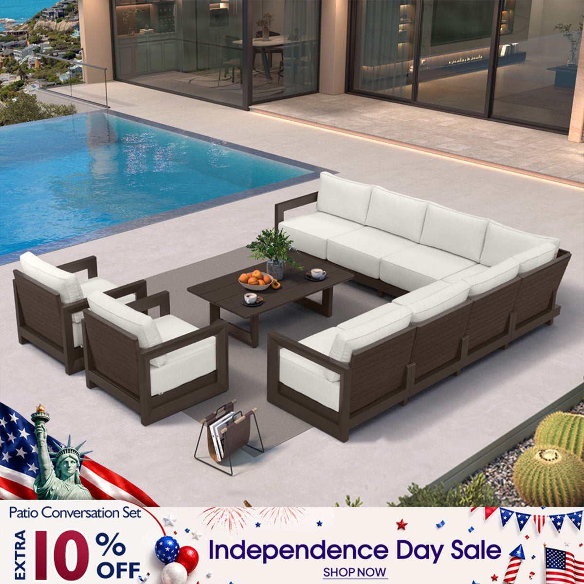 PURPLE LEAF Caesar Open-End Patio Conversation Set with Bronze Cushion Pillows and Ottoman for Modern Outdoor Deck