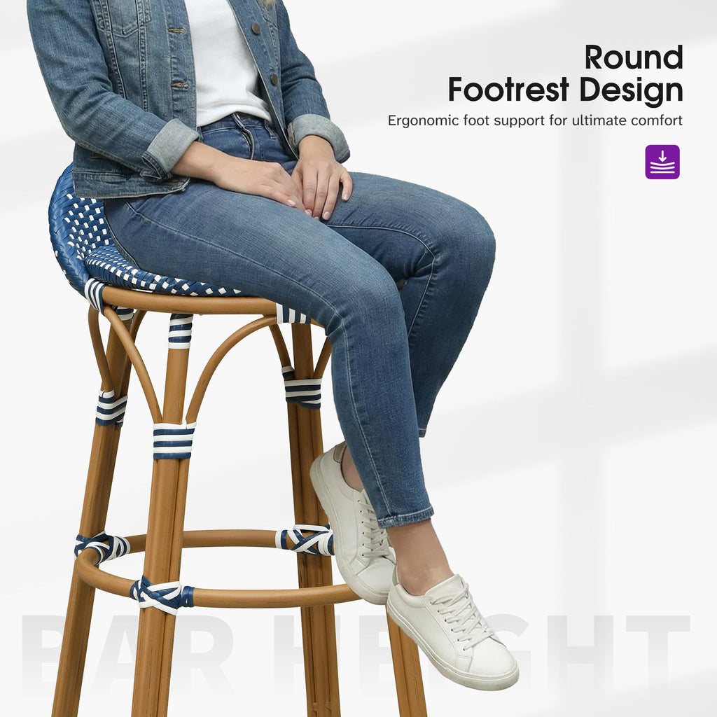 PURPLE LEAF Patio Oversized Backrest Bar Height Stool Set of 2 Outdoor Round Barstools Aluminum Frame Woven Rattan for Indoor Kitchen Dining Bistros Cafe Restaurant