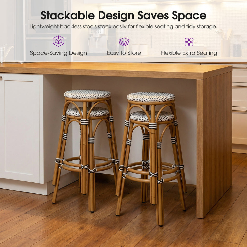PURPLE LEAF Patio French Round Counter Stool Set of 2 Rattan Backless Stackable Barstools Aluminum Frame Footrest with Woven Wicker for Outdoor Kitchen Yard