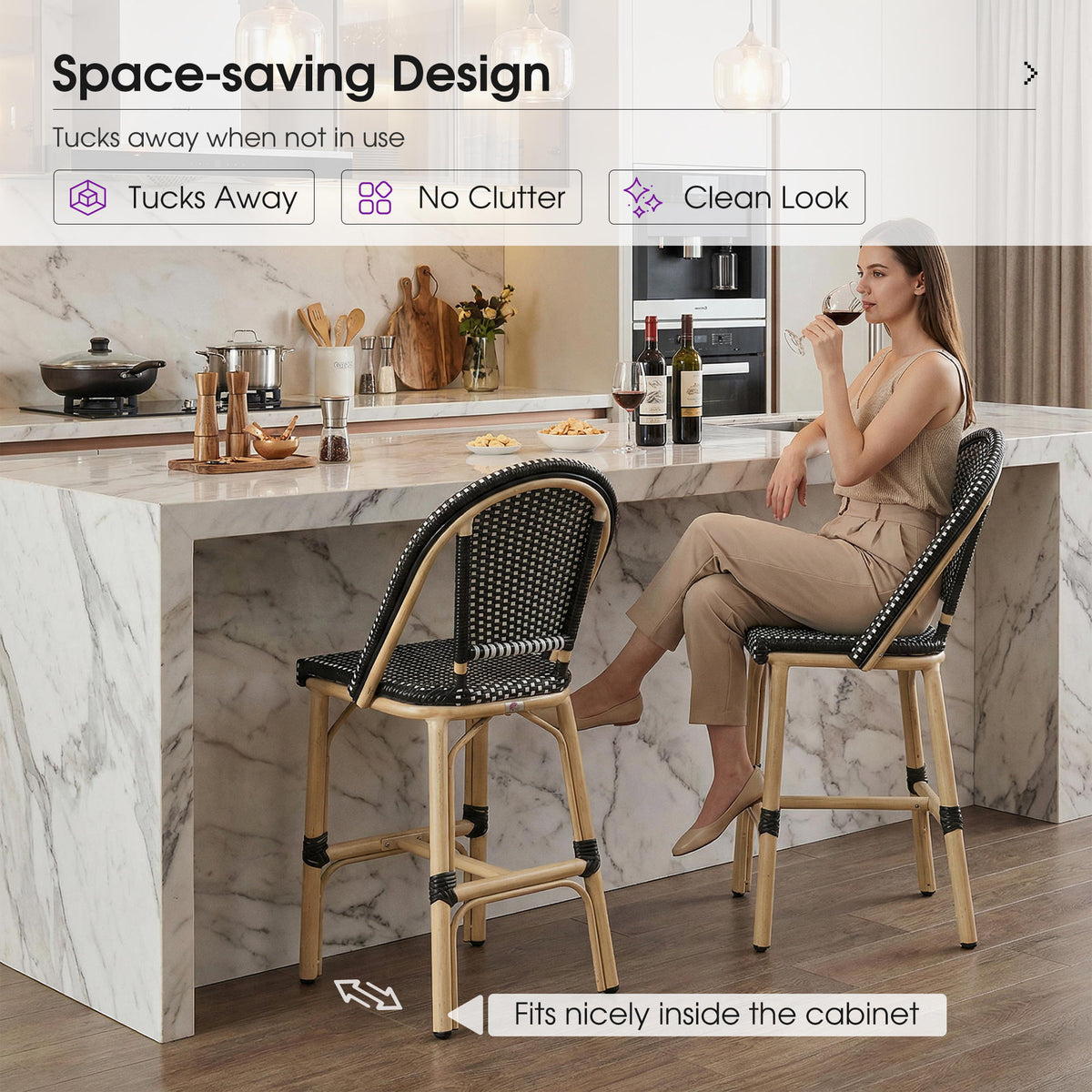 PURPLE LEAF Patio French Counter Stool Set of 2 Outdoor Backrest Barstools Aluminum Frame Woven Rattan for Indoor Kitchen Garden Balcony Restaurant