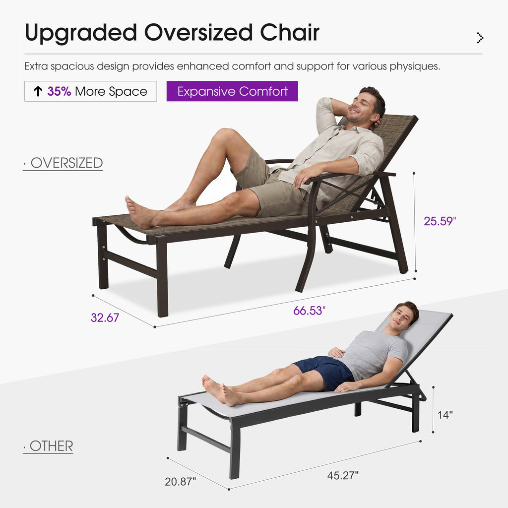 PURPLE LEAF Oversized Chaise Lounge Chair Outdoor Extra Wide Pool Lounge Chairs 5 Adjustable Position with Armrests and Side Table, Aluminum Patio Lounge Chair for Outside, Backyard, Pool