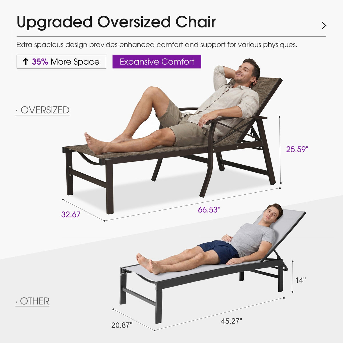 PURPLE LEAF Oversized Chaise Lounge Chair Outdoor Extra Wide Pool Lounge Chairs 5 Adjustable Position with Armrests and Side Table, Aluminum Patio Lounge Chair for Outside, Backyard, Pool