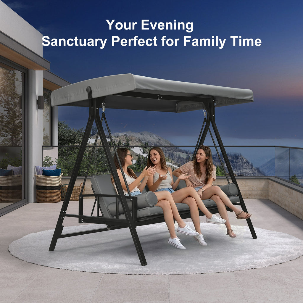 PURPLE LEAF Porch Swing with Adjustable Tilt Canopy Patio Swing with Stand and Meatl Steel Frame All-Weather Outdoor Swing Chair Seat Space-Saving for Backyard Garden Deck