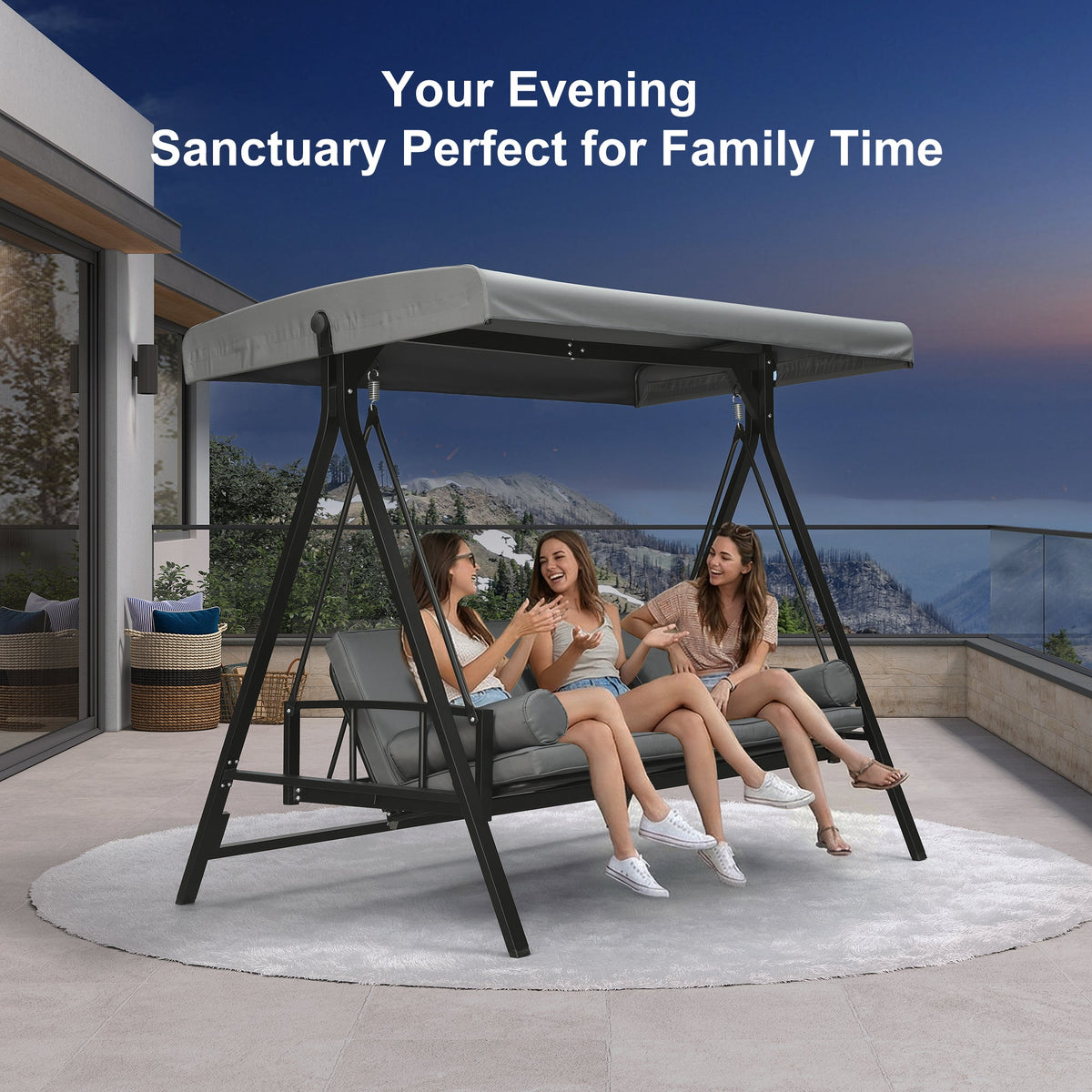 PURPLE LEAF Porch Swing with Adjustable Tilt Canopy Patio Swing with Stand and Meatl Steel Frame All-Weather Outdoor Swing Chair Seat Space-Saving for Backyard Garden Deck