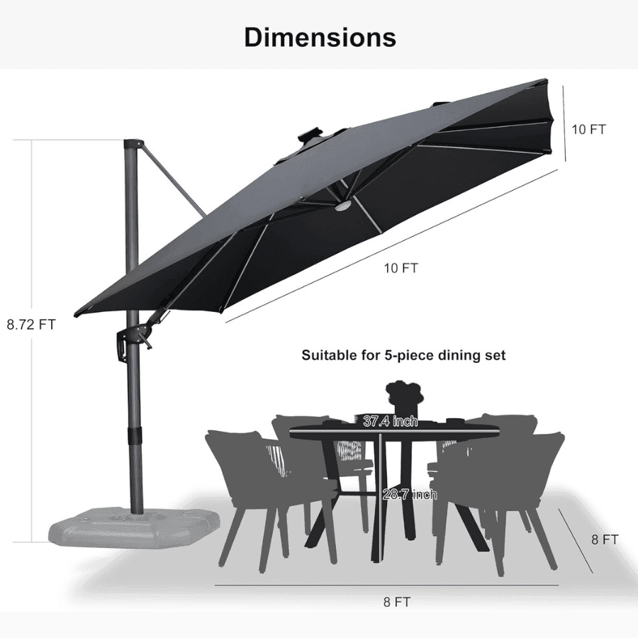 PURPLE LEAF – Parasol de terrasse déporté 10ft avec éclairage LED, rotation 360° et inclinaison