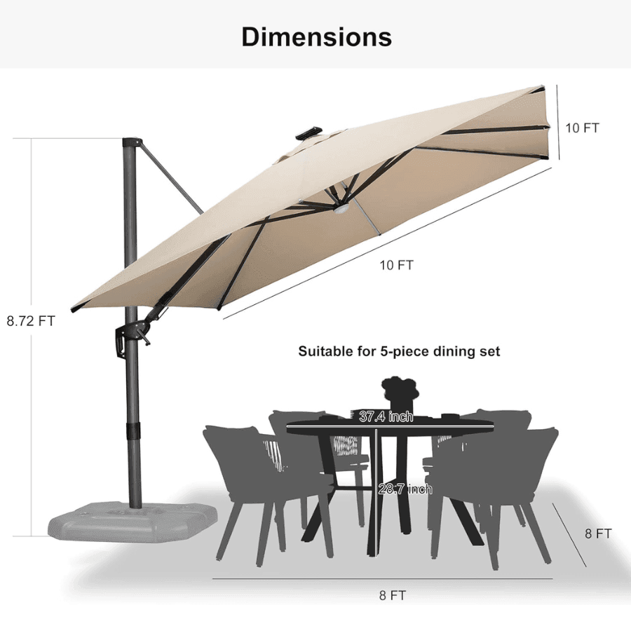 PURPLE LEAF – Parasol de terrasse déporté 10ft avec éclairage LED, rotation 360° et inclinaison