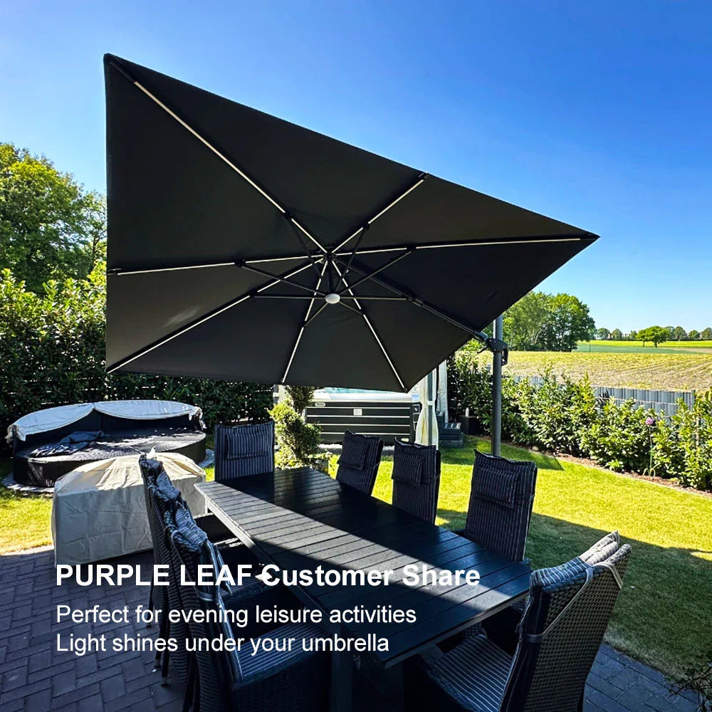 PURPLE LEAF – Parasol de terrasse déporté 10ft avec éclairage LED, rotation 360° et inclinaison