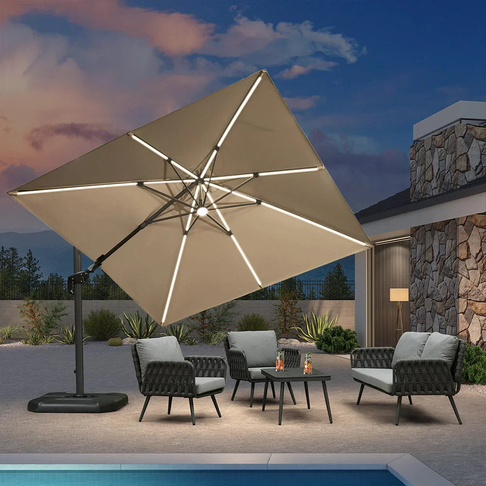 PURPLE LEAF – Parasol de terrasse déporté 10ft avec éclairage LED, rotation 360° et inclinaison