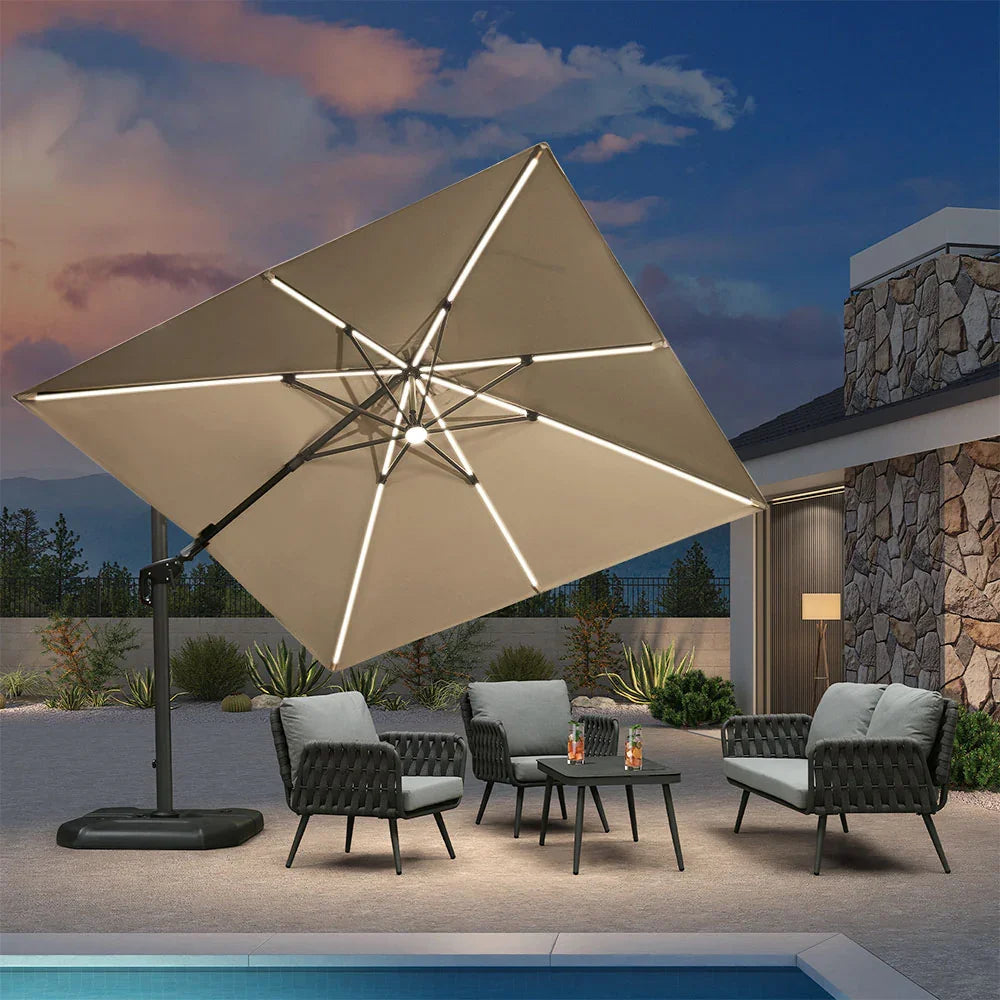 PURPLE LEAF – Parasol de terrasse déporté 10ft avec éclairage LED, rotation 360° et inclinaison