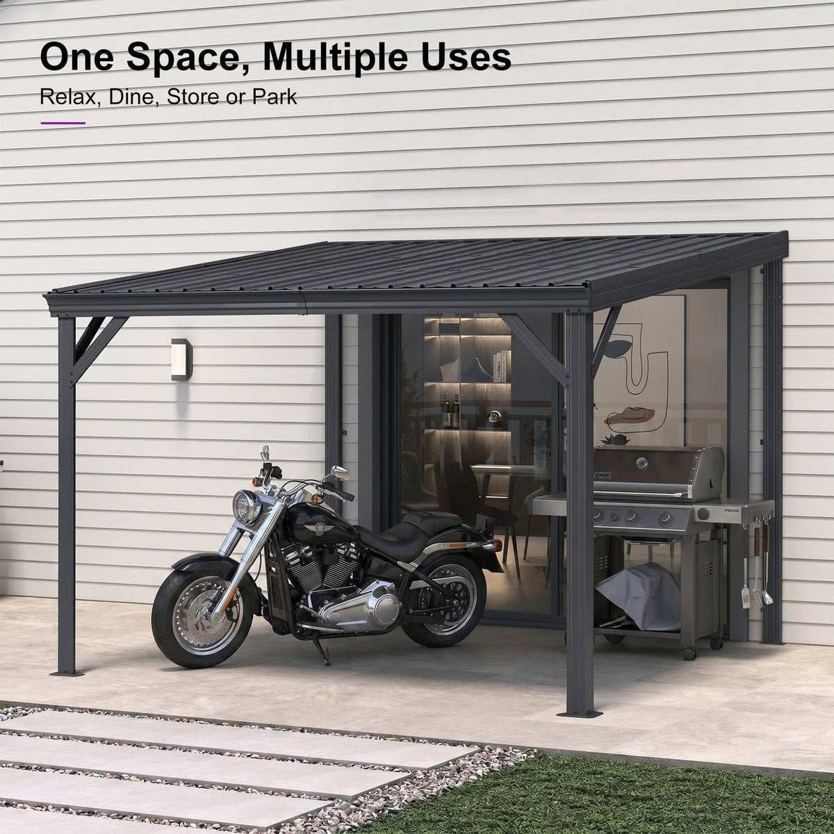 PURPLE LEAF Lean to Gazebo Metal Roof Patio Cover Built-in Drain Slots Wall Mounted Gazebo for Outdoor Extension