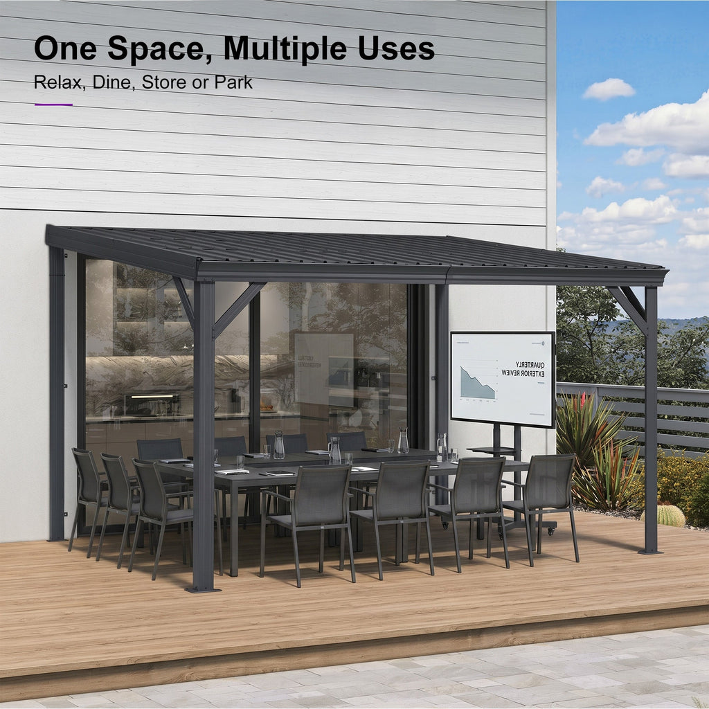 PURPLE LEAF Lean to Gazebo Metal Roof Patio Cover Built-in Drain Slots Wall Mounted Gazebo with Lights-clear for Outdoor Extension