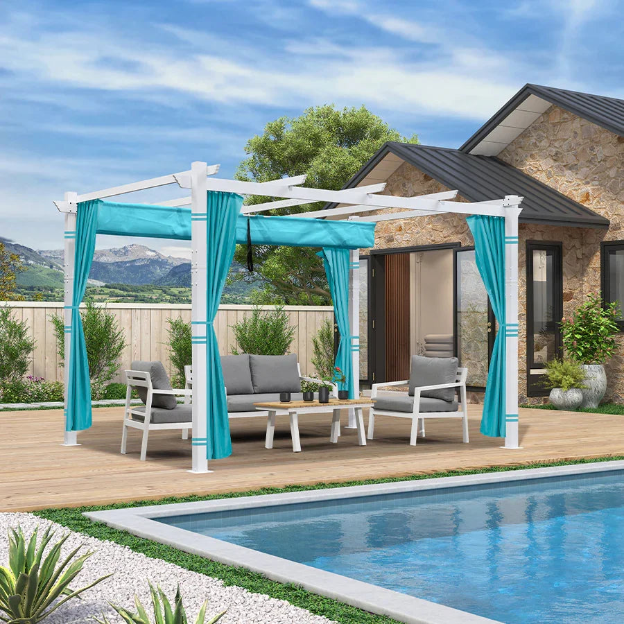 PURPLE LEAF Outdoor Retractable Pergola with Sun Shade Canopy Cover White Patio Metal Shelter for Garden With Curtains