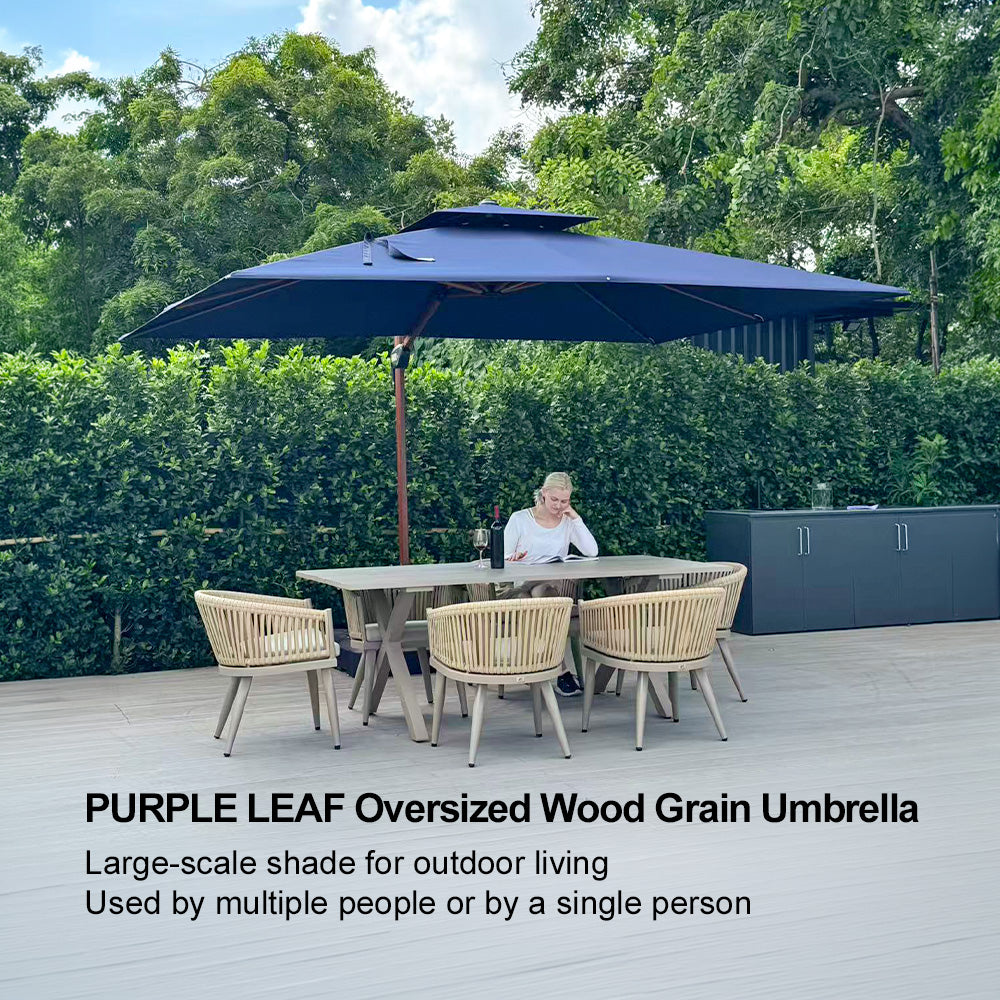 PURPLE LEAF Outdoor Garden Umbrella with Base, Cantilever Umbrellas in Wood Color