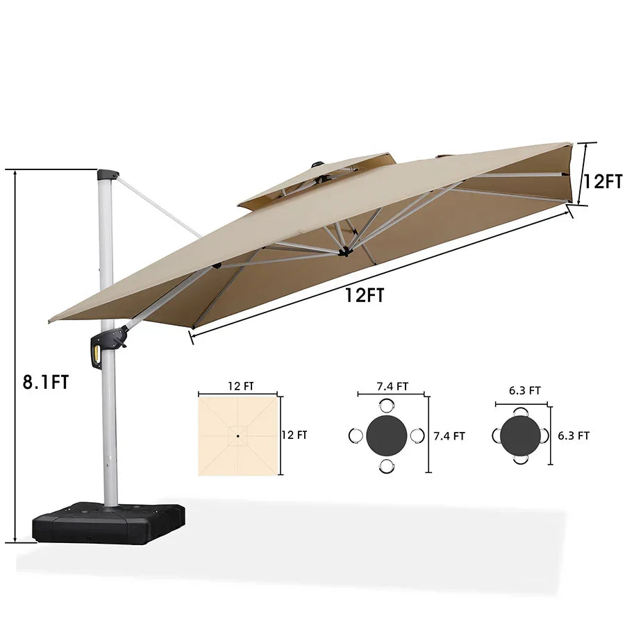 PURPLE LEAF – Grand parasol déporté carré de terrasse avec base pour jardin, piscine et porche