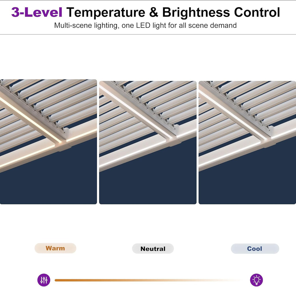 PURPLE LEAF Caesar LED Louvered Pergola with Integrated Solar Strip Lights Adjustable Aluminum Louvers Wind Resistant Pergolas for Patio Dining Deck Garden Yard White