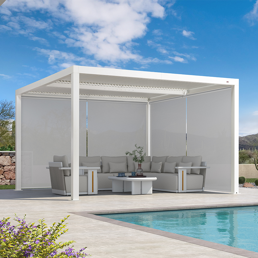 PURPLE LEAF Athena Louvered Pergola White Outdoor Aluminum Pergola with Solid Color Roller Blind Adjustable Gazebo for Patio Deck Garden