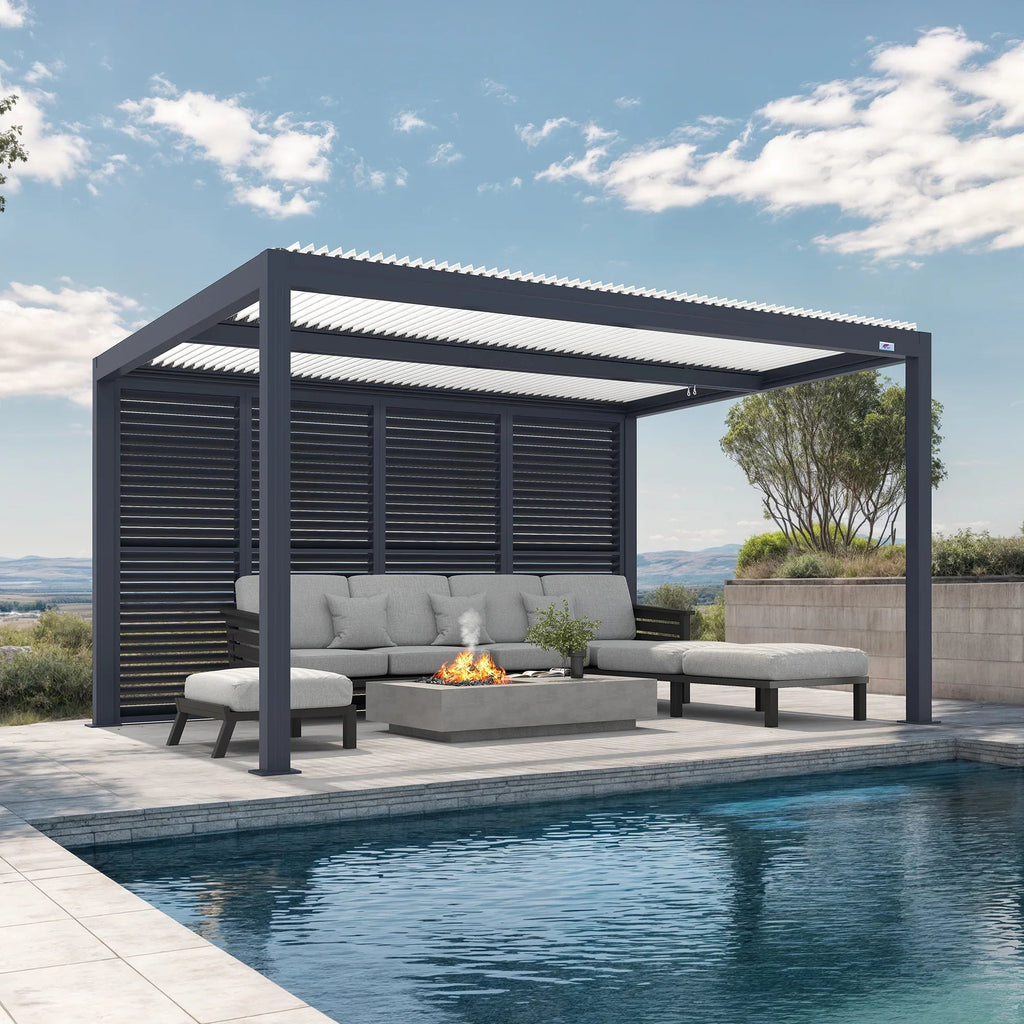 PURPLE LEAF Athena Louvered Pergola Grey Outdoor Aluminum Pergola with Shutter Wall Adjustable Gazebo Rainproof for Patio Deck Garden
