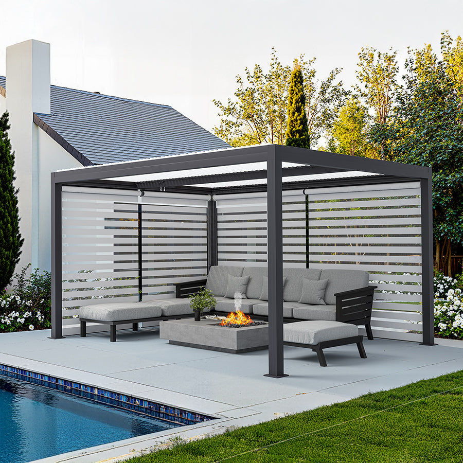 PURPLE LEAF Athena Louvered Pergola Grey Outdoor Aluminum Pergola with Roller Blinds Adjustable Gazebo Rainproof for Patio Deck Garden