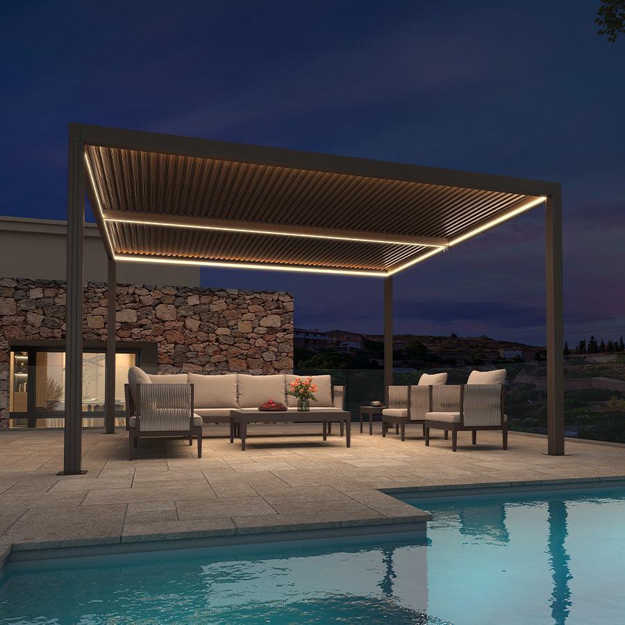 PURPLE LEAF Athena Louvered Pergola Bronze Outdoor Aluminum Pergola with Strip Lights Adjustable Gazebo for Patio Deck Garden