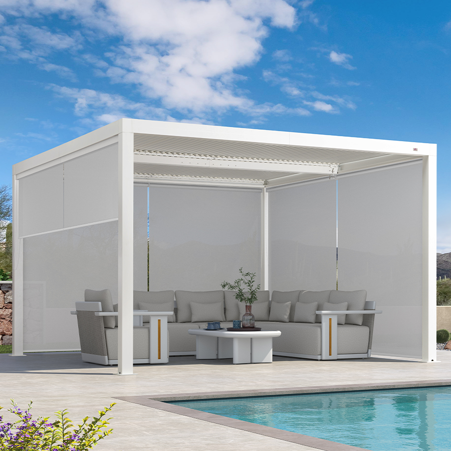 PURPLE LEAF Athena Louvered Pergola White Outdoor Aluminum Pergola with Solid Color Roller Blind Adjustable Gazebo for Patio Deck Garden
