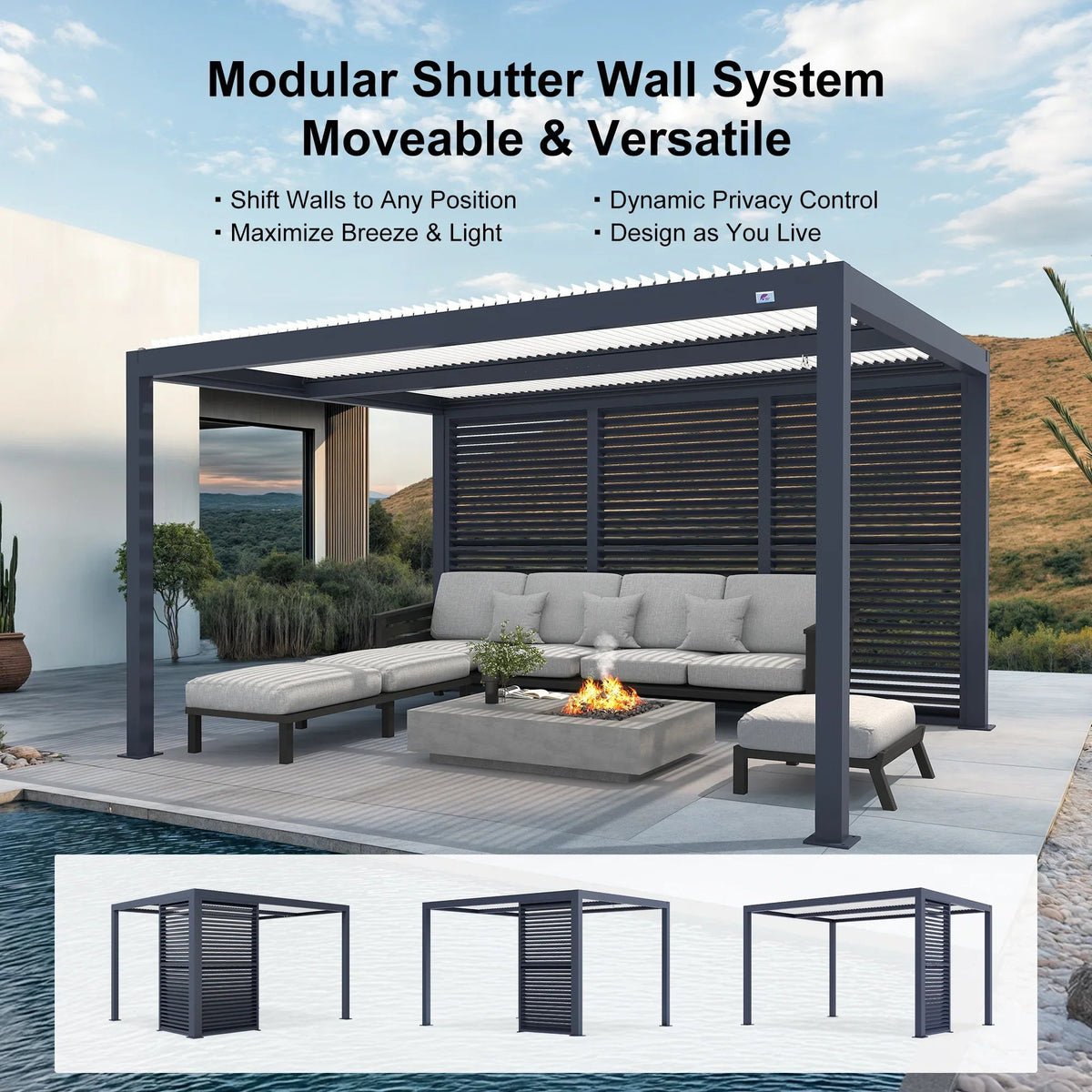 PURPLE LEAF Athena Louvered Pergola Grey Outdoor Aluminum Pergola with Shutter Wall Adjustable Gazebo Rainproof for Patio Deck Garden