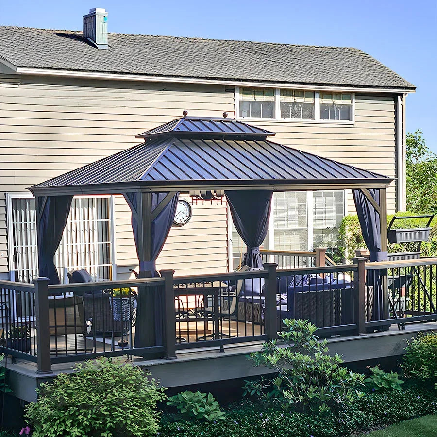 PURPLE LEAF Outdoor Hardtop Gazebo for Patio Bronze Aluminum Frame Pavilion with Navy-Blue Curtain and Reinforced Support Rods