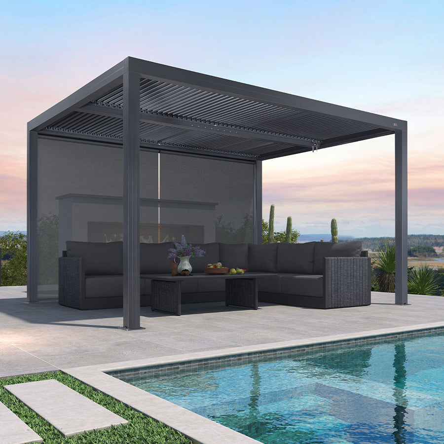 PURPLE LEAF Athena Louvered Pergola Grey Outdoor Aluminum Pergola with Solid Color Roller Blind Adjustable Gazebo for Patio Deck Garden