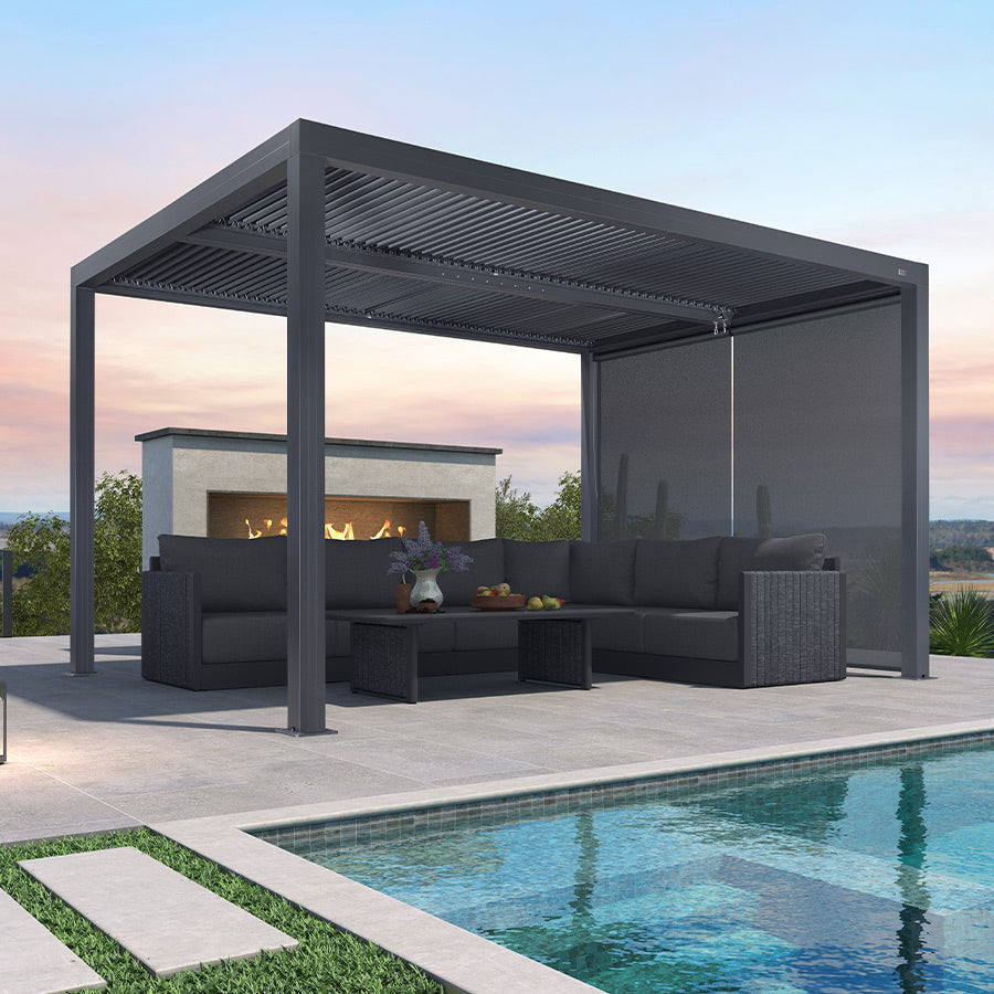 PURPLE LEAF Athena Louvered Pergola Grey Outdoor Aluminum Pergola with Solid Color Roller Blind Adjustable Gazebo for Patio Deck Garden