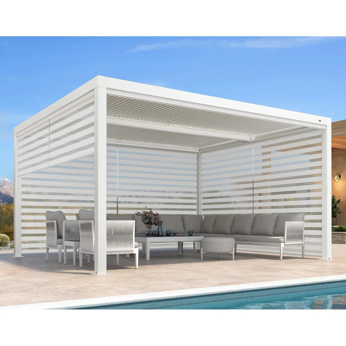 Hanso Home Louvered Pergola Modern White Pergola with Adjustable Roof for Deck Backyard Garden
