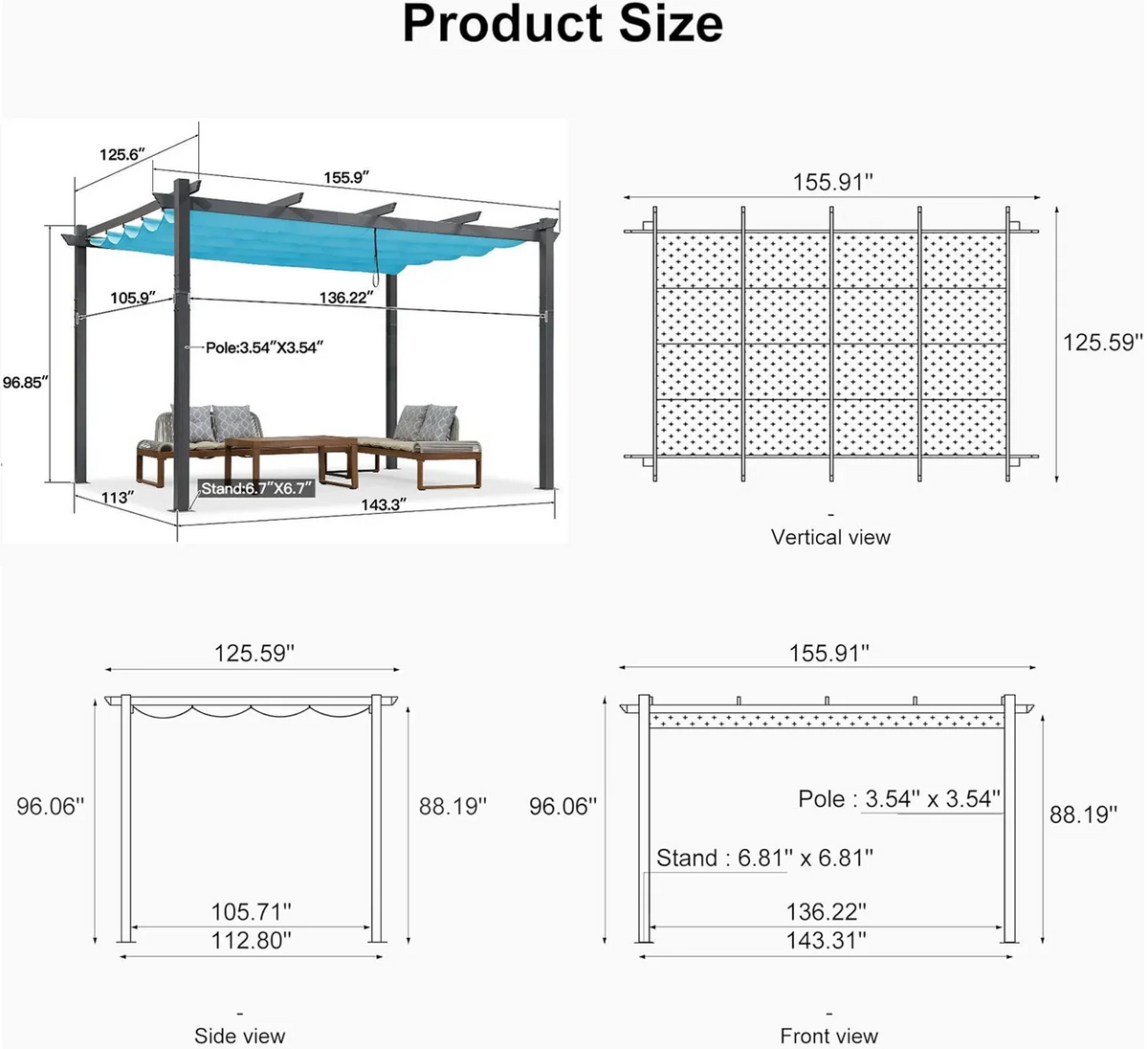 PURPLE LEAF Outdoor Pergola with Retractable Canopy Aluminum Shelter for Beach Porch Garden  Shade Pavilion Pergola  with Curtains