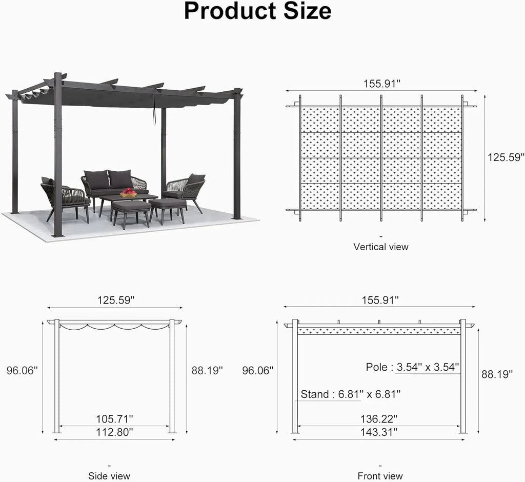 PURPLE LEAF Outdoor Pergola with Retractable Canopy Aluminum Shelter for Beach Porch Garden  Shade Pavilion Pergola  with Curtains