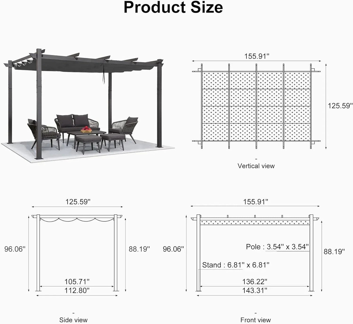 PURPLE LEAF Outdoor Pergola with Retractable Canopy Aluminum Shelter for Beach Porch Garden  Shade Pavilion Pergola  with Curtains