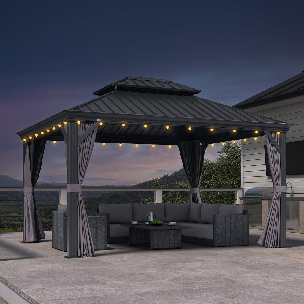 PURPLE LEAF Patio Gazebo for Backyard Grey Hardtop Galvanized Steel Roof Awning String Lights-milky