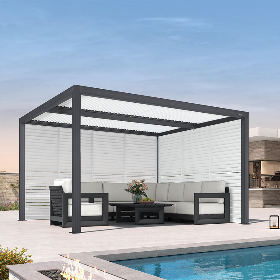 PURPLE LEAF Athena Louvered Pergola Grey Outdoor Aluminum Pergola with Shutter Wall Adjustable Gazebo Rainproof for Patio Deck Garden