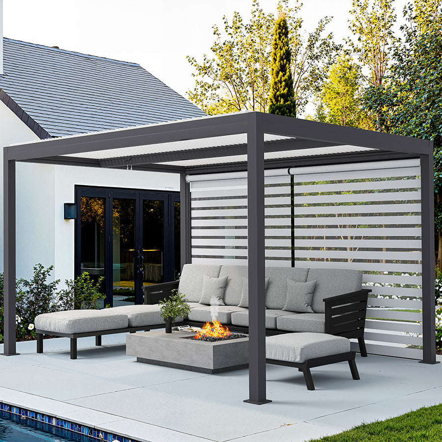 PURPLE LEAF Athena Louvered Pergola Grey Outdoor Aluminum Pergola with Roller Blinds Adjustable Gazebo Rainproof for Patio Deck Garden