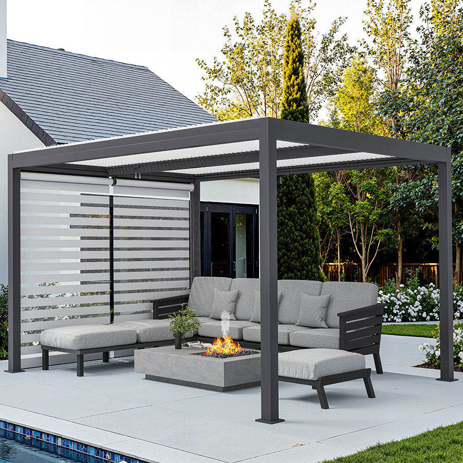 PURPLE LEAF Athena Louvered Pergola Grey Outdoor Aluminum Pergola with Roller Blinds Adjustable Gazebo Rainproof for Patio Deck Garden