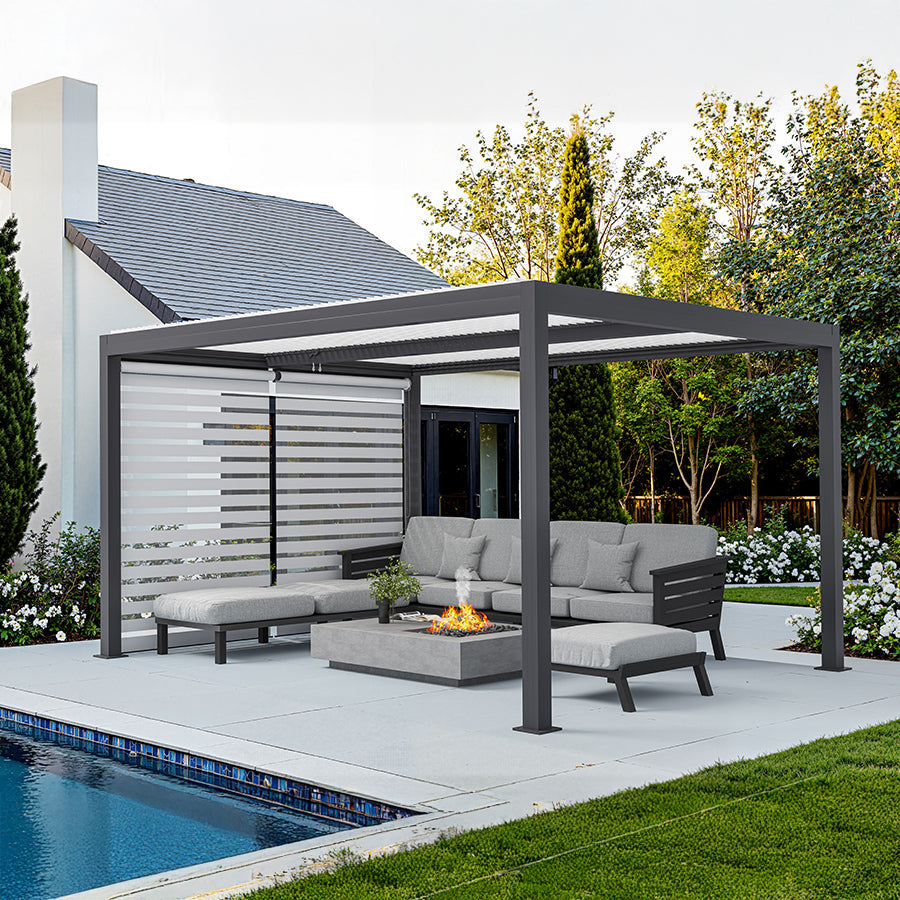 PURPLE LEAF Athena Louvered Pergola Grey Outdoor Aluminum Pergola with Roller Blinds Adjustable Gazebo Rainproof for Patio Deck Garden