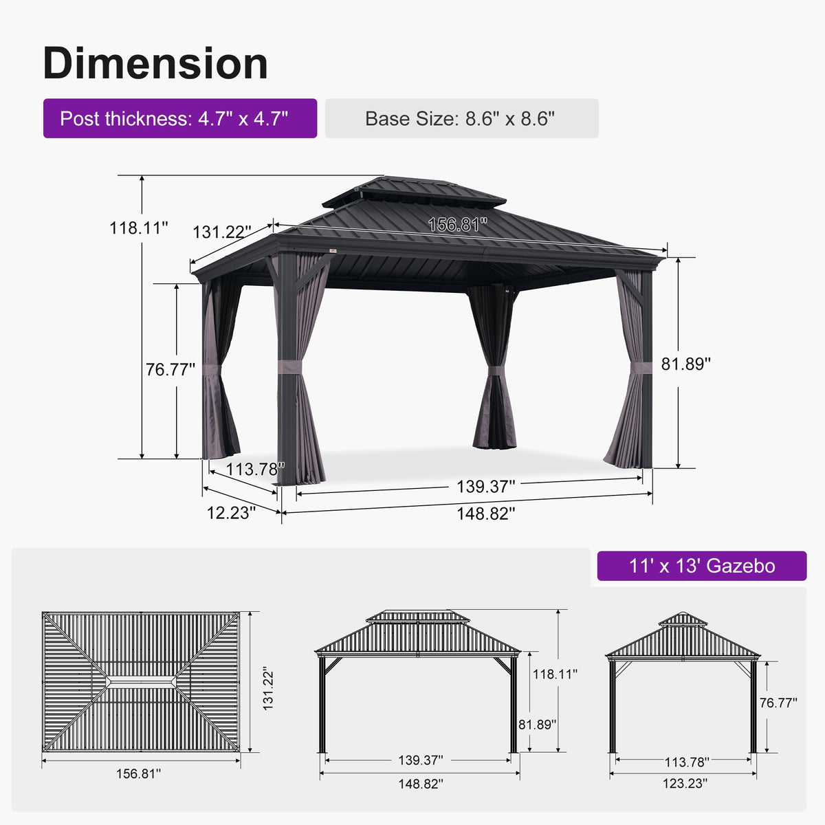 PURPLE LEAF Patio Gazebo for Backyard Grey Hardtop Galvanized Steel Roof Awning with Reinforcement Support Rod