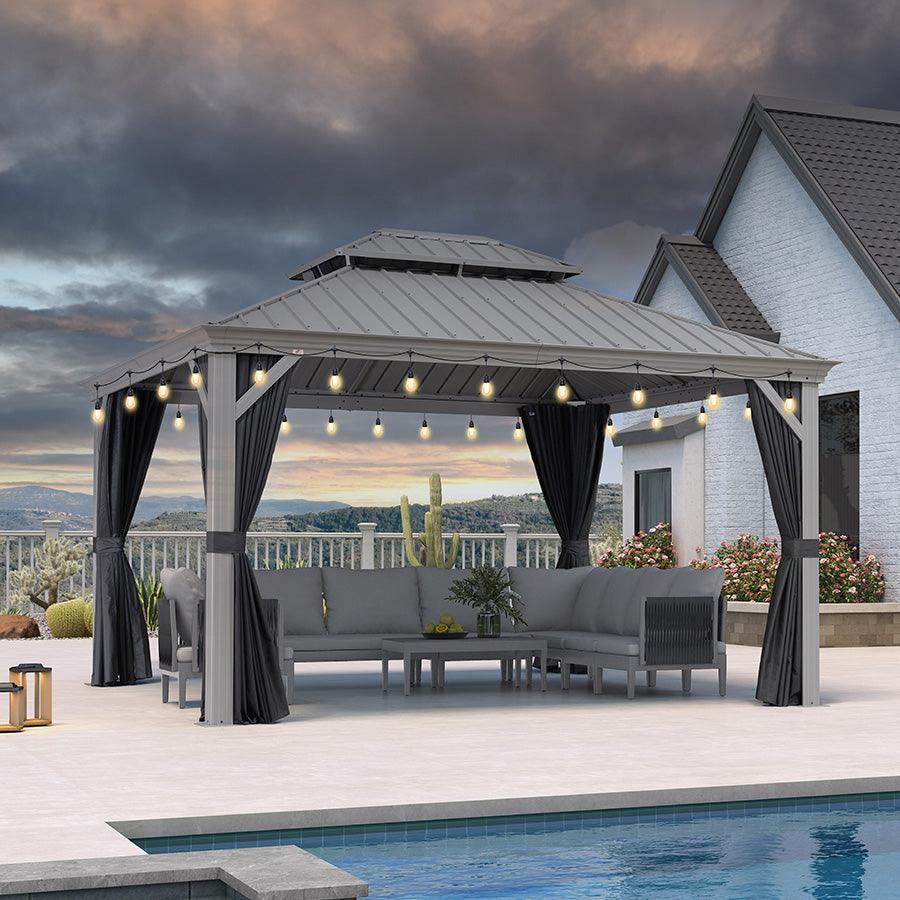 PURPLE LEAF Patio Gazebo for Pool Light Grey Hardtop Galvanized Steel Roof with String Lights-clear